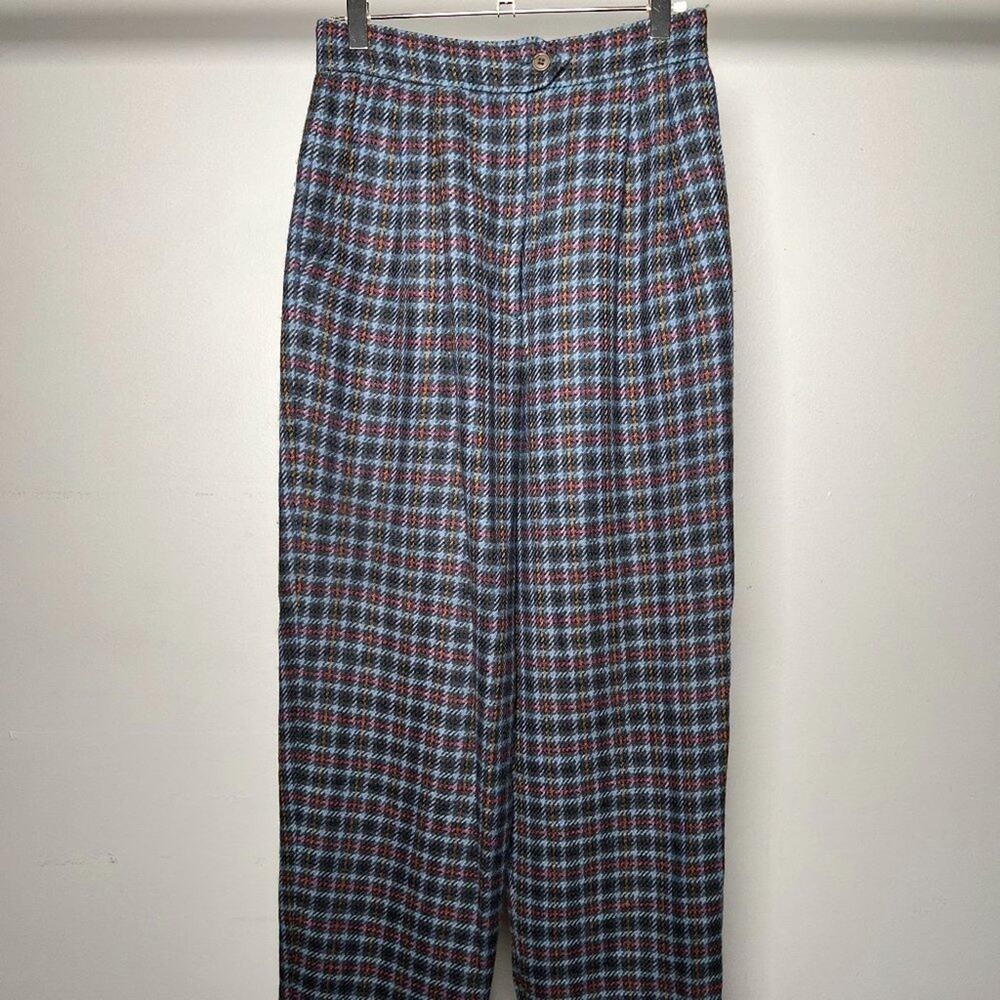 Raffinati Pure Virgin Wool Blue Red Gold Plaid Vintage Wide Leg Pants 4
